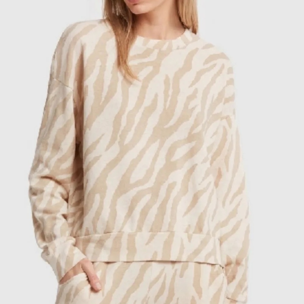 Monrow Zebra Print Sweatshirt Medium Neutral Cream Beige Boxy Lounge Pullover